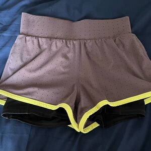 Fabletics Women's Grey and Black Shorts with Yellow Trim